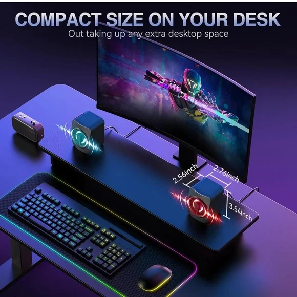 Computer Speakers, RGB PC Speakers, 3.5mm USB Powered Aux Speaker - Picture 8 of 10